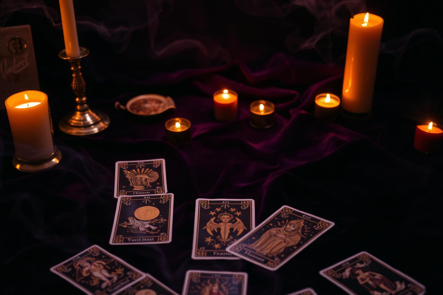 Cartas de tarot iluminadas por velas sobre terciopelo púrpura